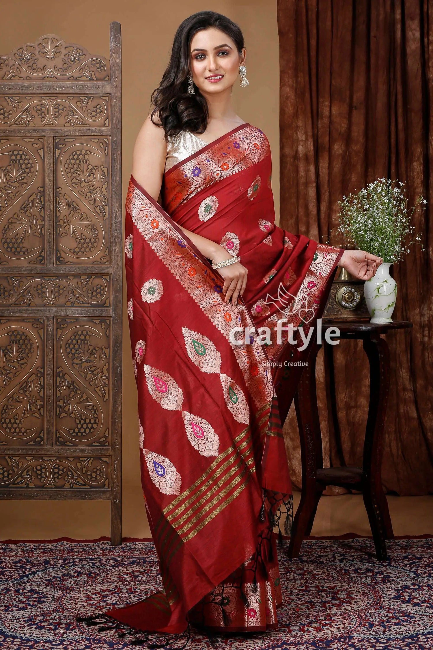 Fire brick red traditional zari work mangalgiri silk saree maroon saree intricate designs 5