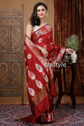 Fire brick red traditional zari work mangalgiri silk saree maroon saree intricate designs 5