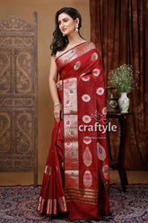 Fire brick red traditional zari work mangalgiri silk saree maroon saree silver gold accents 3