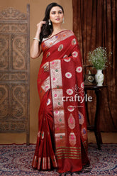 Fire brick red traditional zari work mangalgiri silk saree maroon saree ornate border 1