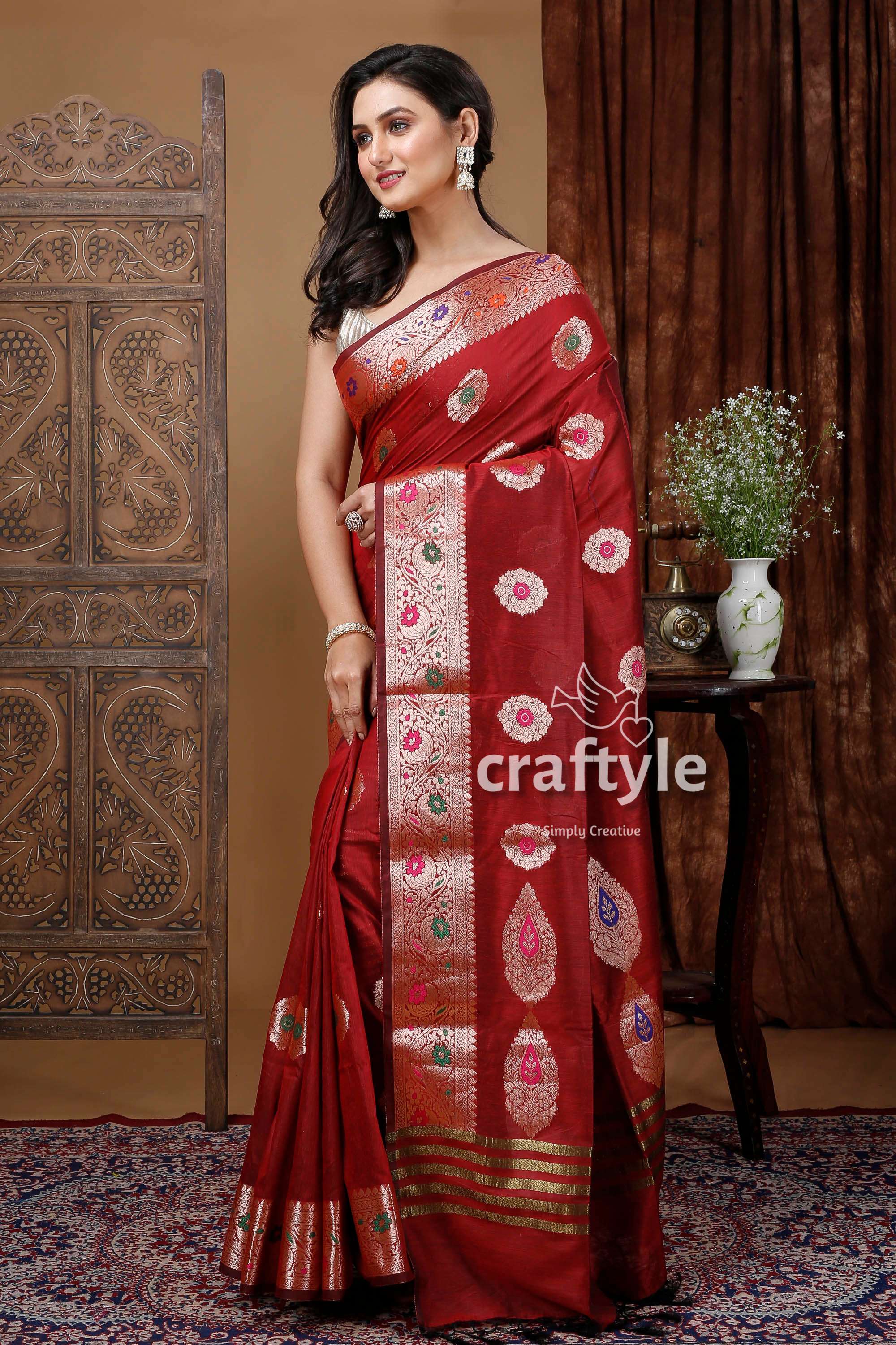 Fire Brick Red Traditional Zari Work Mangalgiri Silk Saree - Craftyle