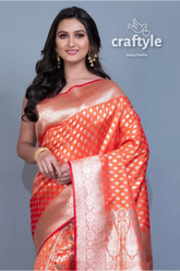 Fire orange blended banarasi silk saree for women elegant orange gold saree 2