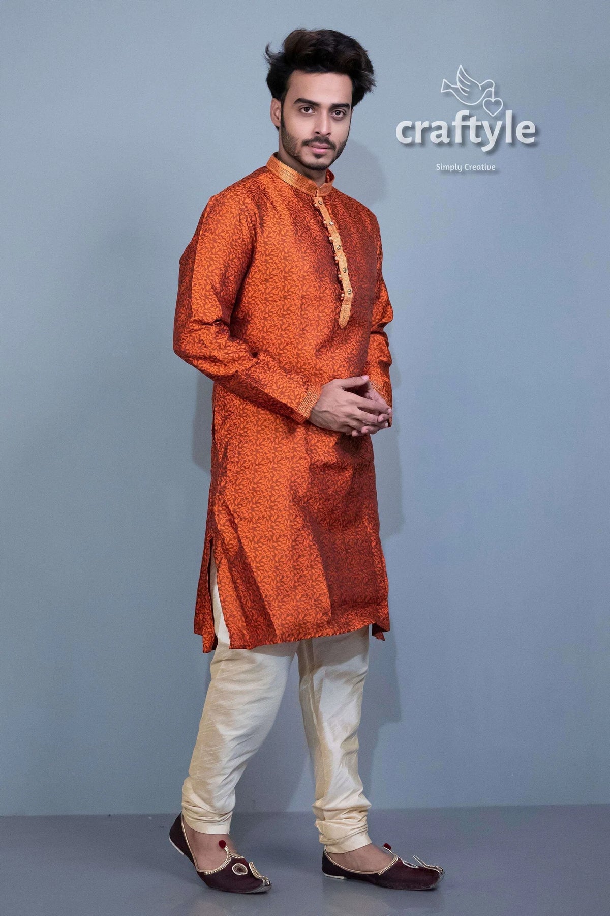 Fire orange embroidered silk kurta pajama - mens ethnic wear man 4