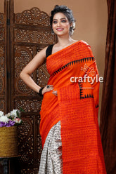 Fire orange mulberry pure silk hand block saree orange white saree black accents 3