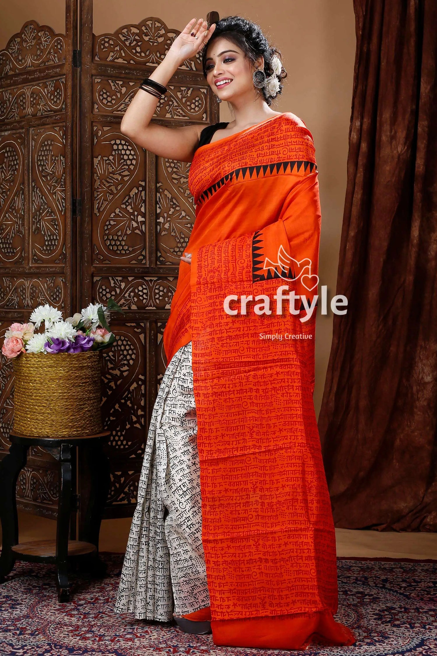 Fire orange mulberry pure silk hand block saree woman orange white saree 4