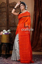 Fire orange mulberry pure silk hand block saree woman orange white saree 4