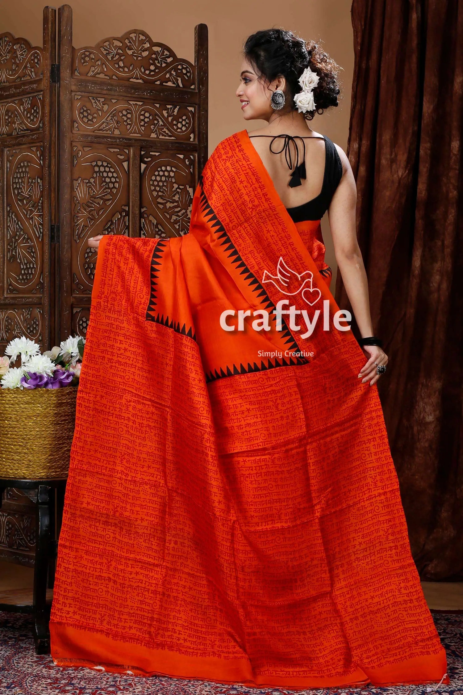 Fire orange mulberry pure silk hand block saree orange saree black border 5