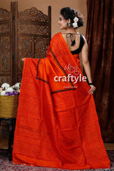 Fire orange mulberry pure silk hand block saree orange saree black border 5