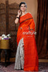 Fire orange mulberry pure silk hand block saree woman orange white saree 1