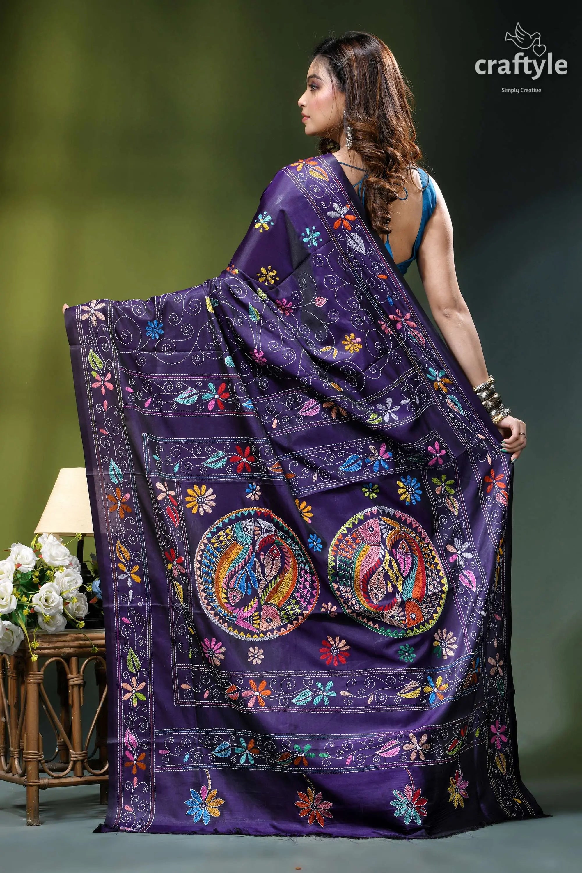 Fish design hand kantha embroidery silk saree in spanish violet purple silk saree intricate floral 5