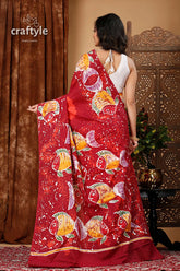 Fish motif batik handmade pure cotton saree - natural and unique design maroon saree fish pattern 5