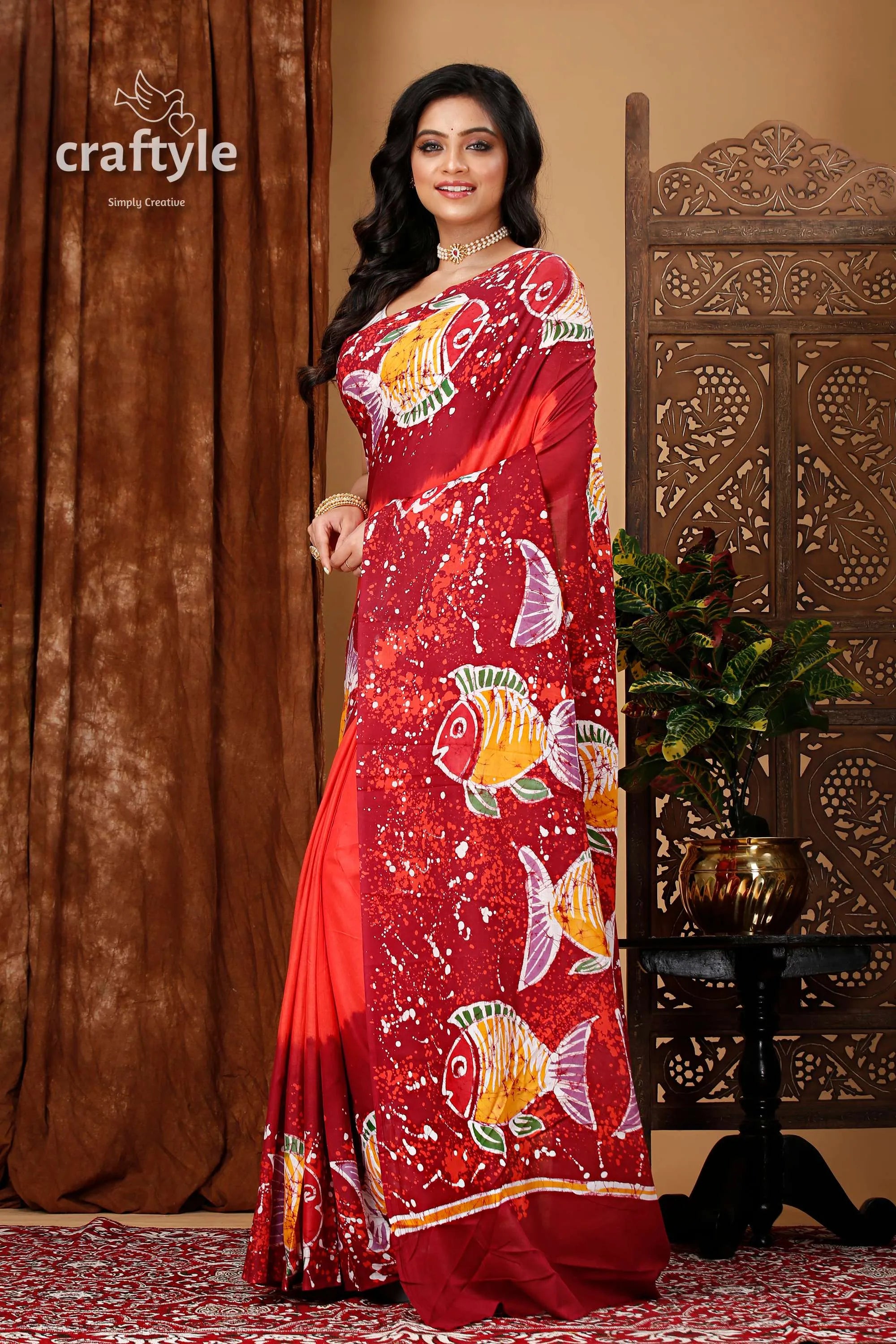 Fish motif batik handmade pure cotton saree - natural and unique design red pattern 3
