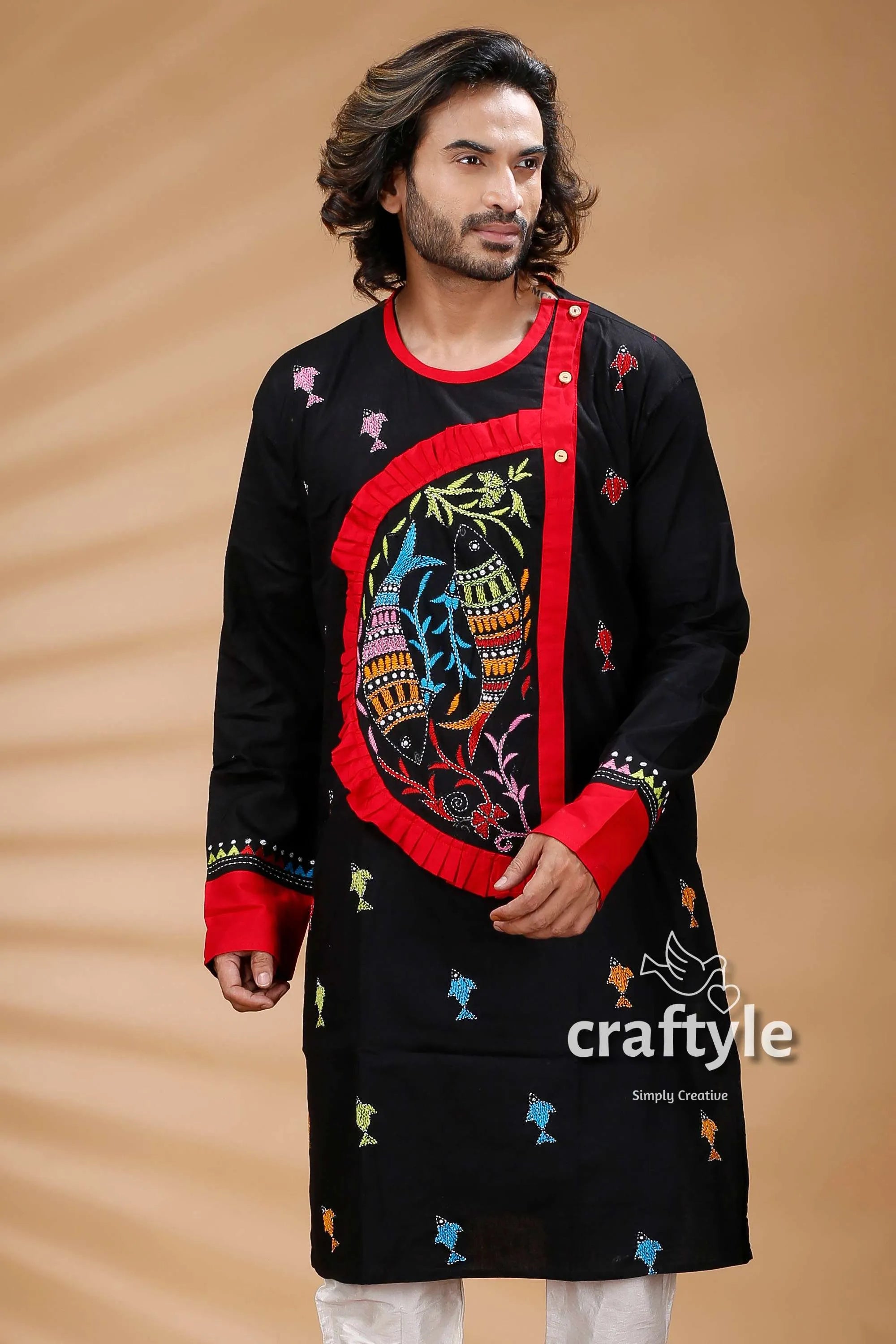 Fish motif black kantha stitch cotton panjabi for men embroidered kurta vibrant red 2