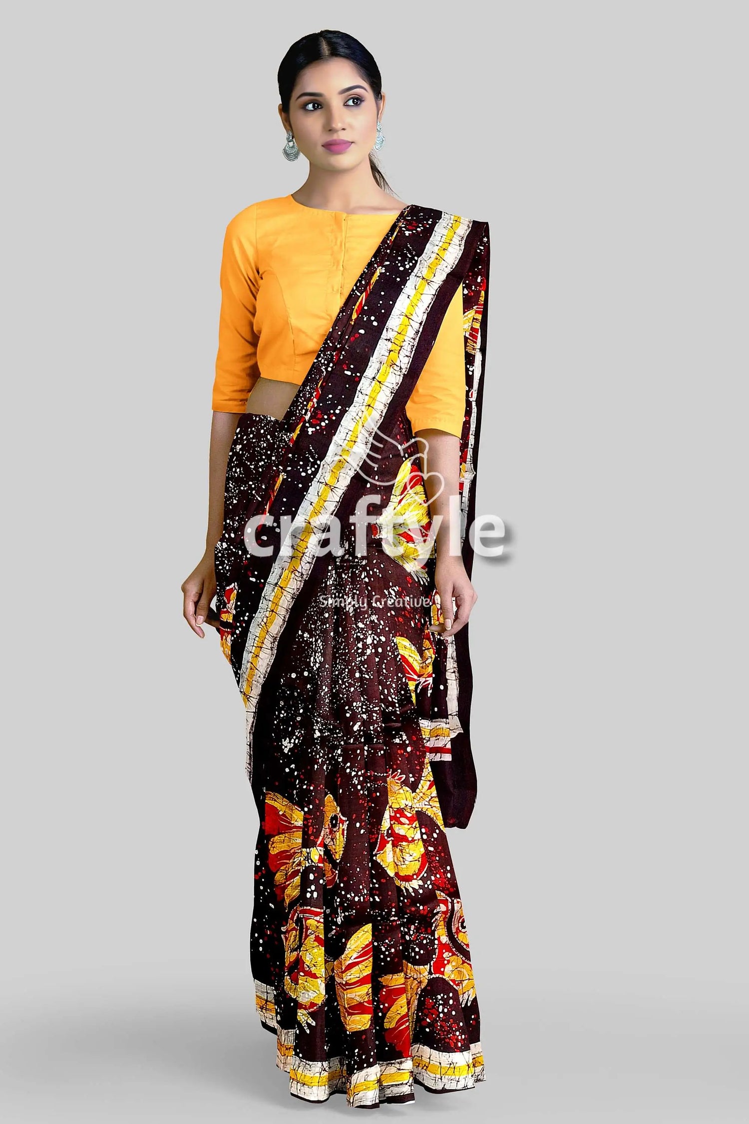 Fish motif hand batik pure mulberry silk saree - woman brown yellow patterned saree 3