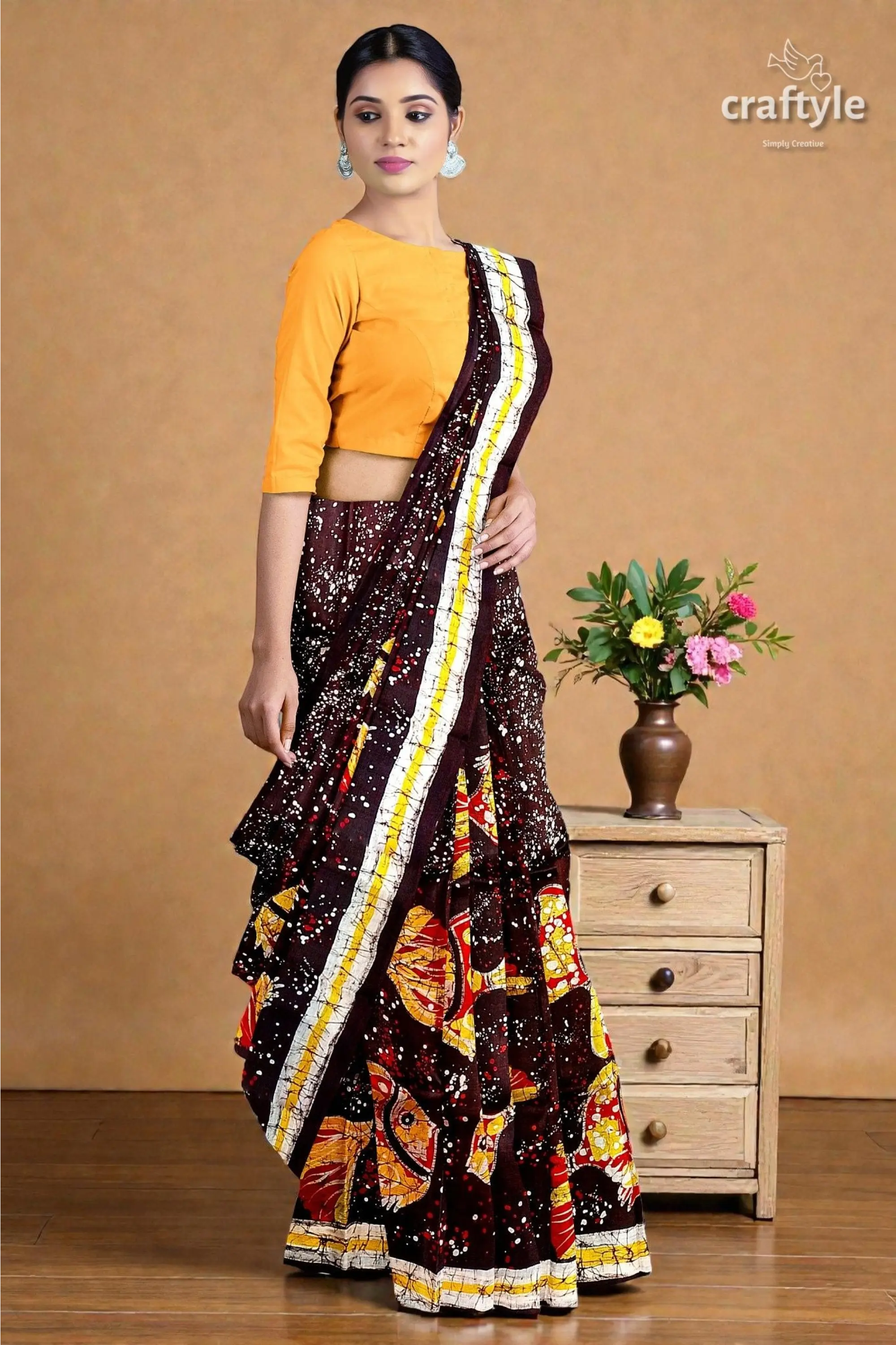 Fish motif hand batik pure mulberry silk saree - 5