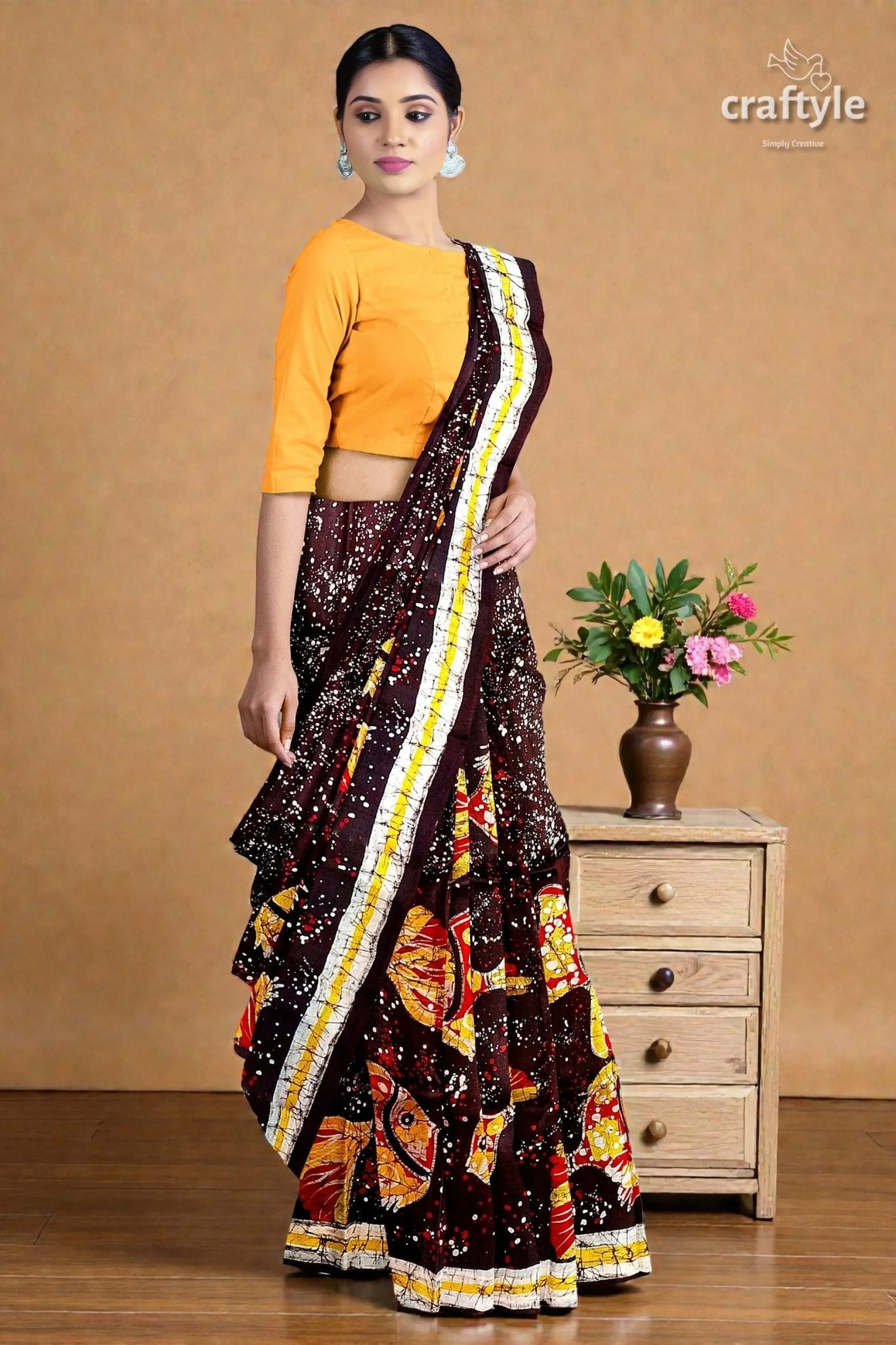 Fish motif hand batik pure mulberry silk saree - vibrant maroon yellow printed saree 5