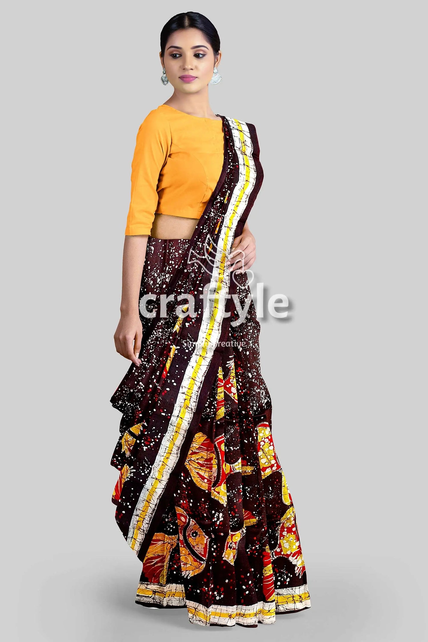 Fish motif hand batik pure mulberry silk saree - woman brown yellow patterned saree 4