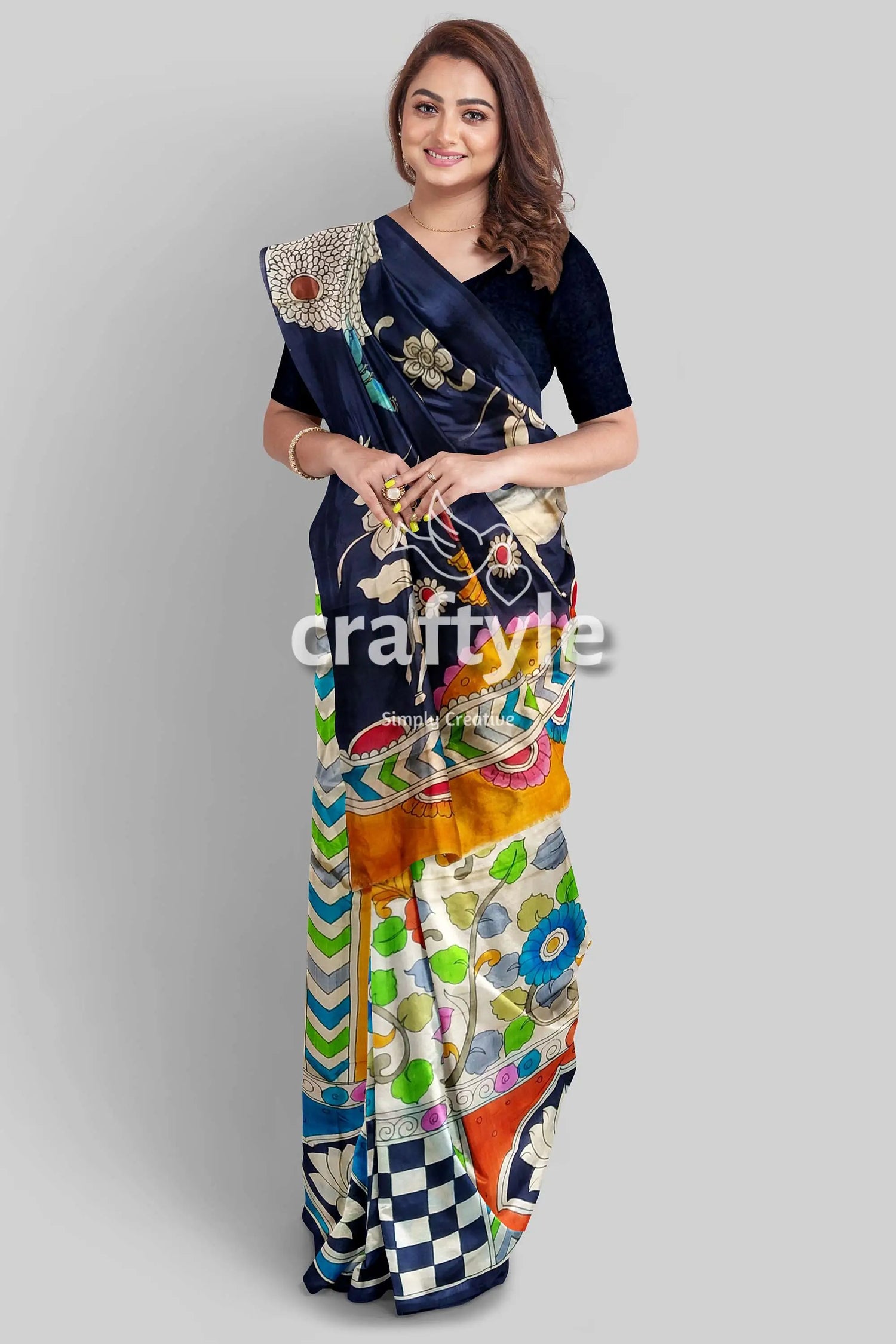 Fish motif spanish green floral design hand painted pure tussar kalamkari saree woman colorful saree 3