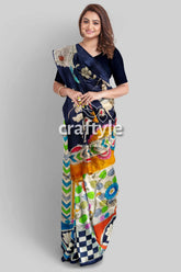 Fish motif spanish green floral design hand painted pure tussar kalamkari saree woman colorful saree 3