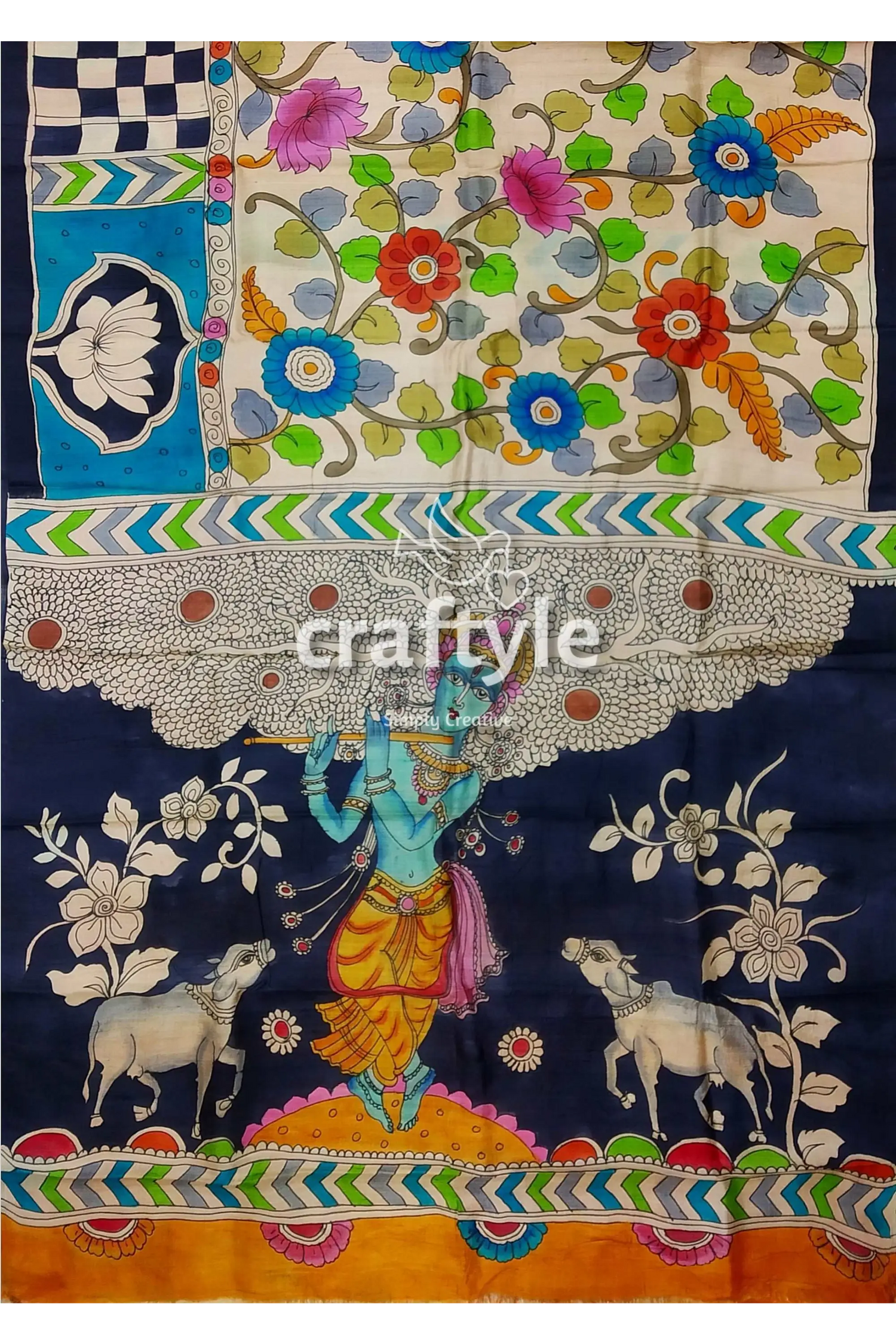 Fish motif spanish green floral design hand painted pure tussar kalamkari saree hand-painted silk fabric krishna flute 6