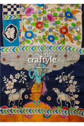 Fish motif spanish green floral design hand painted pure tussar kalamkari saree hand-painted silk fabric krishna flute 6