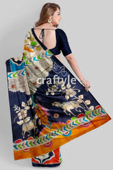 Fish motif spanish green floral design hand painted pure tussar kalamkari saree woman hand-painted saree 5