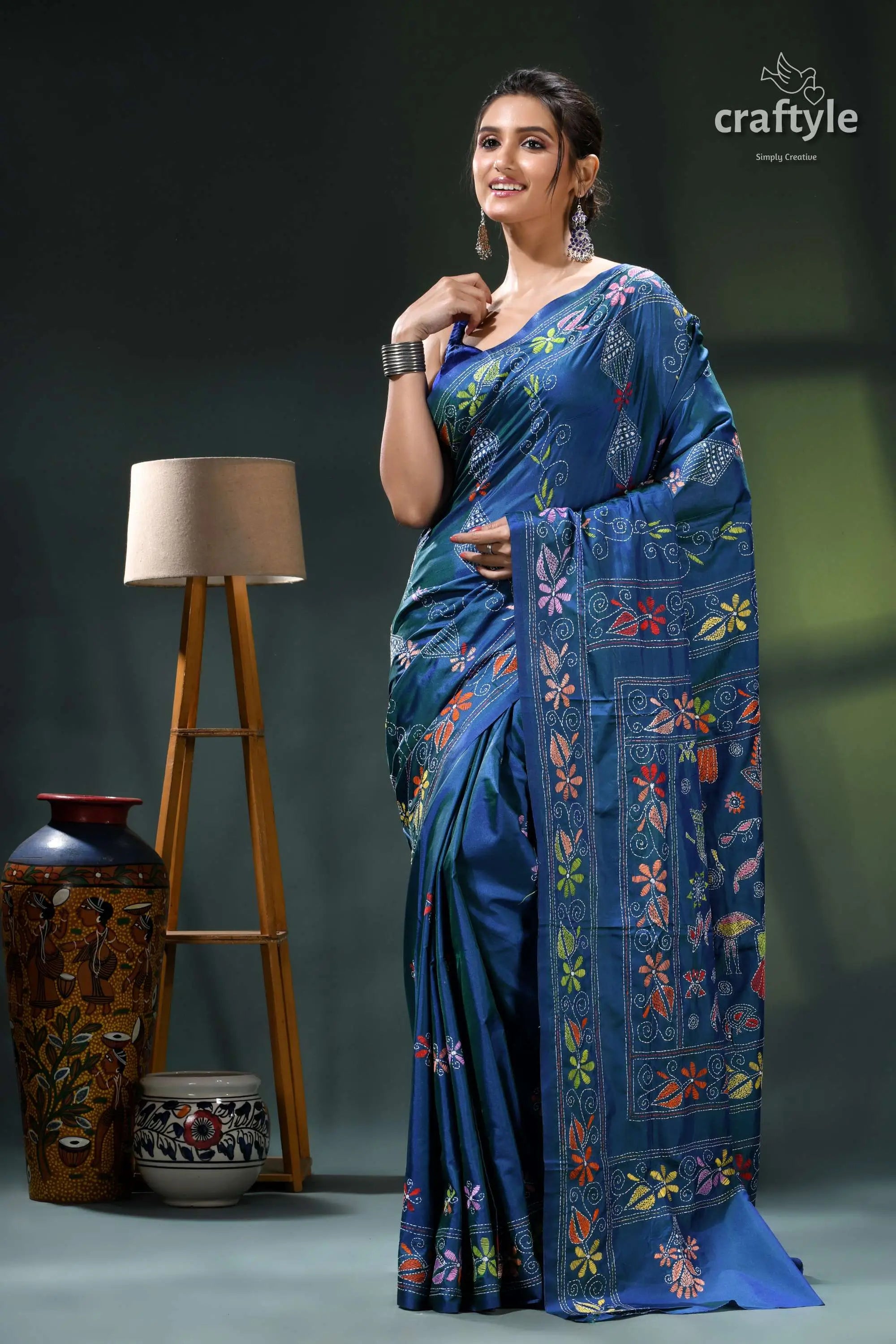 Flora and fauna design cerulean blue handcrafted kantha silk saree blue floral saree intricate designs 7