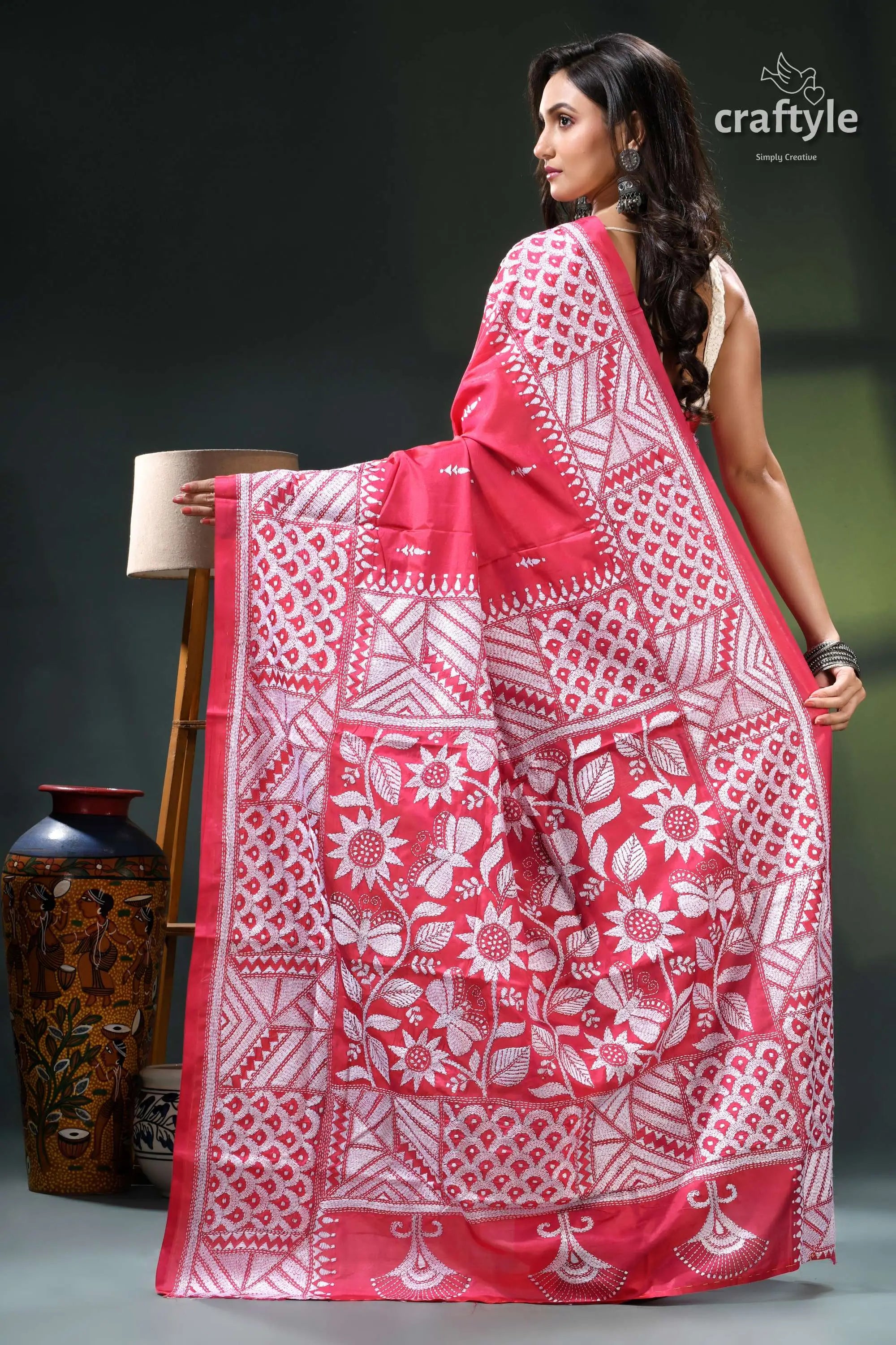 Flora and fauna design rose red silk kantha work saree pink white floral saree intricate 6