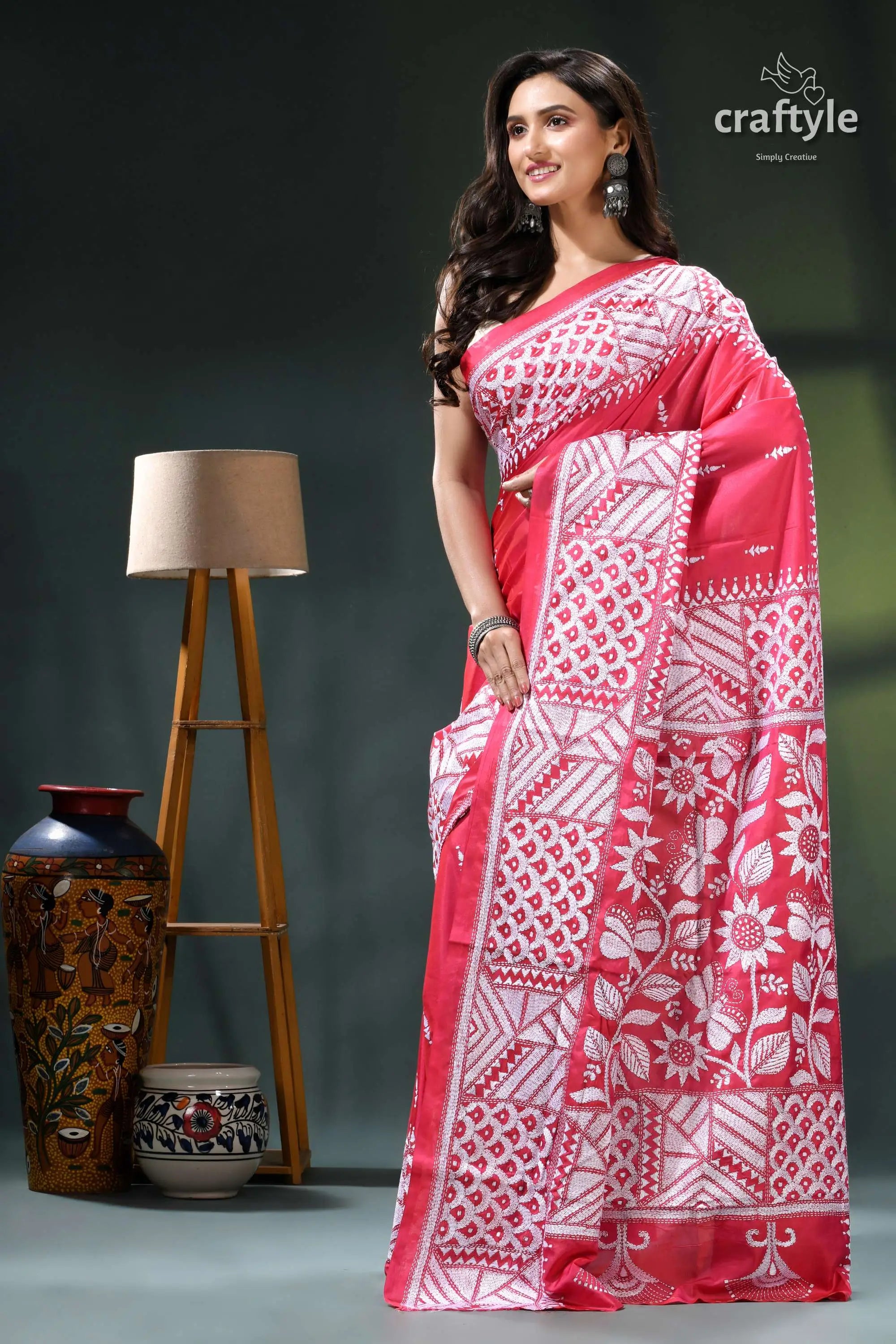 Flora and fauna design rose red silk kantha work saree pink white floral saree intricate 3