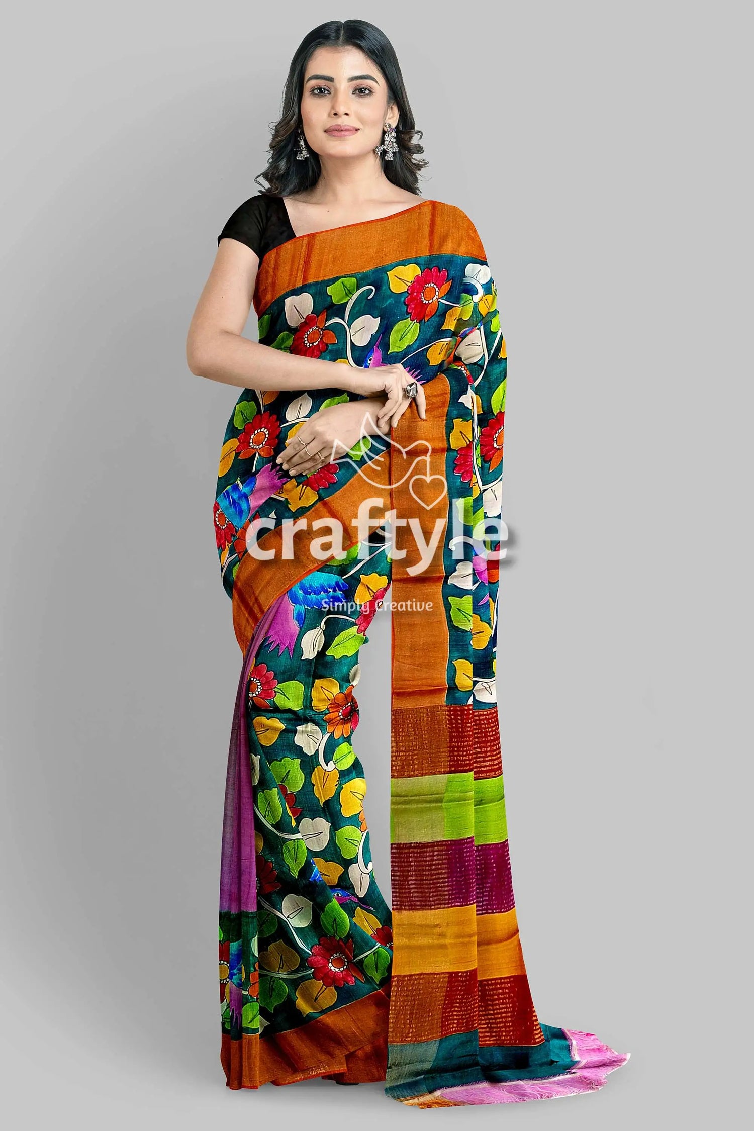 Floral and bird motif pure tussar kalamkari sari with zari border - hand painted woman floral-patterned saree 2