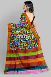Floral and bird motif pure tussar kalamkari sari with zari border - hand painted colorful floral striped saree 4