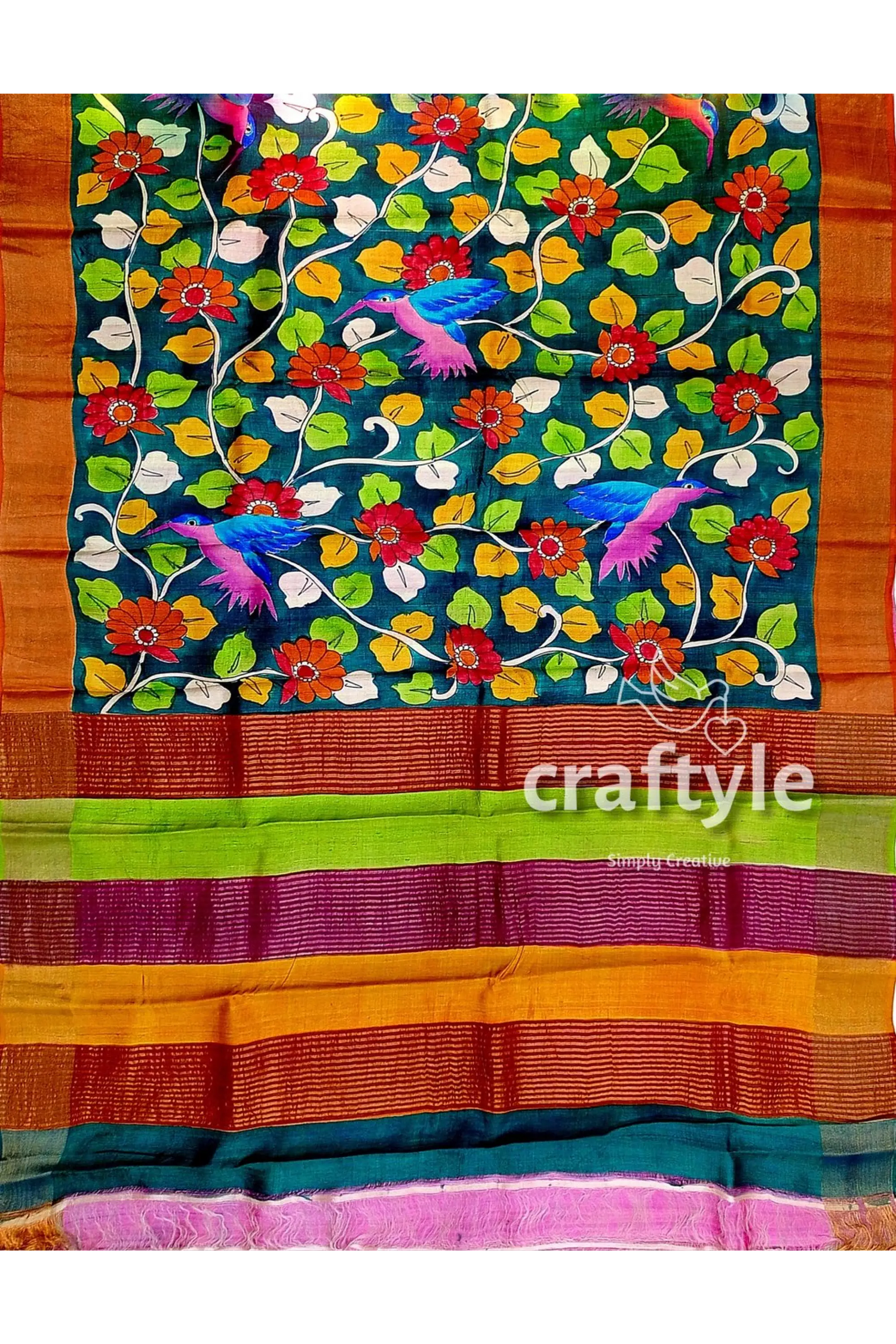 Floral and bird motif pure tussar kalamkari sari with zari border - hand painted colorful floral bird patterned saree 5