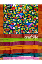Floral and bird motif pure tussar kalamkari sari with zari border - hand painted colorful floral bird patterned saree 5