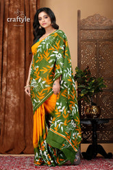 Floral design elegant handmade batik pure cotton saree woman green yellow patterned saree 4