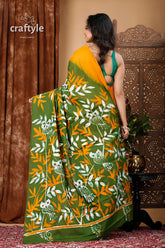 Floral design elegant handmade batik pure cotton saree green yellow batik saree owl 5