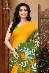 Floral design elegant handmade batik pure cotton saree yellow green floral saree 2