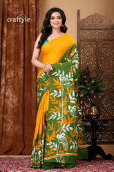 Floral design elegant handmade batik pure cotton saree woman yellow green patterned saree 1