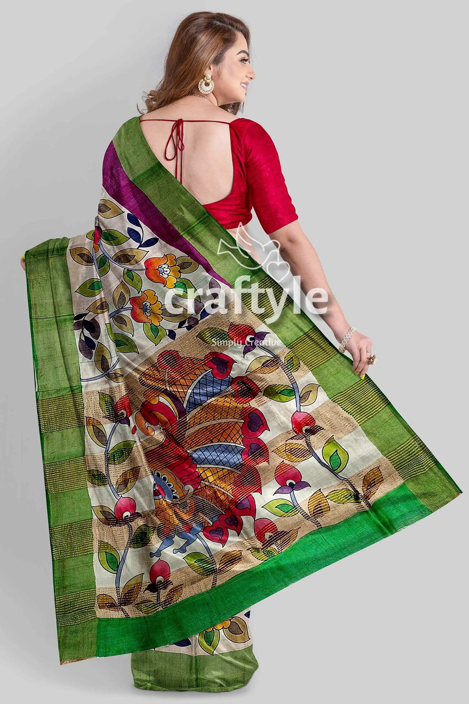 Floral design hand painted zari border pure tussar kalamkari saree woman painted saree 5