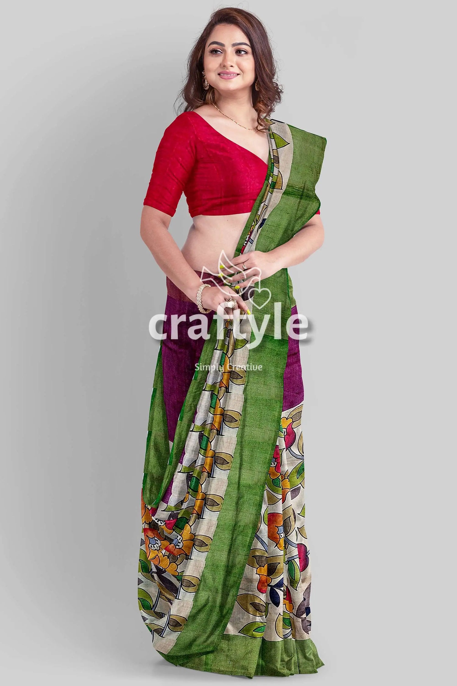 Floral design hand painted zari border pure tussar kalamkari saree woman colorful saree 4