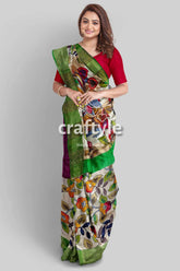 Floral design hand painted zari border pure tussar kalamkari saree floral heart-patterned saree 2