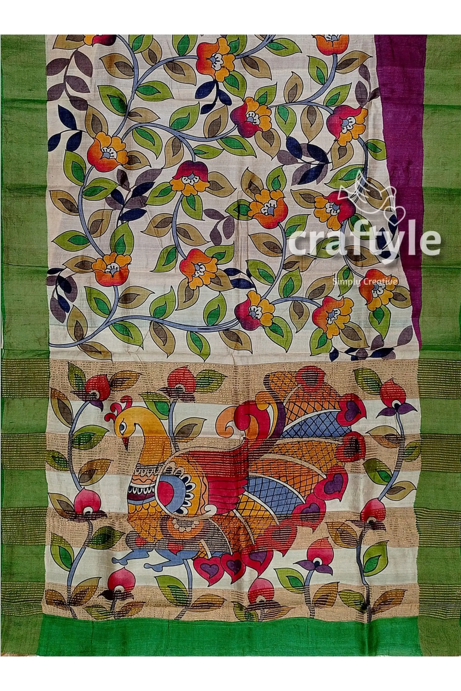 Floral design hand painted zari border pure tussar kalamkari saree hand-painted floral peacock saree 6