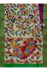 Floral design hand painted zari border pure tussar kalamkari saree hand-painted floral peacock saree 6