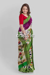 Floral design hand painted zari border pure tussar kalamkari saree floral-patterned saree purple green accents 3