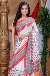 Floral design porcelain white hand block pure cotton saree white saree red black geometric 2
