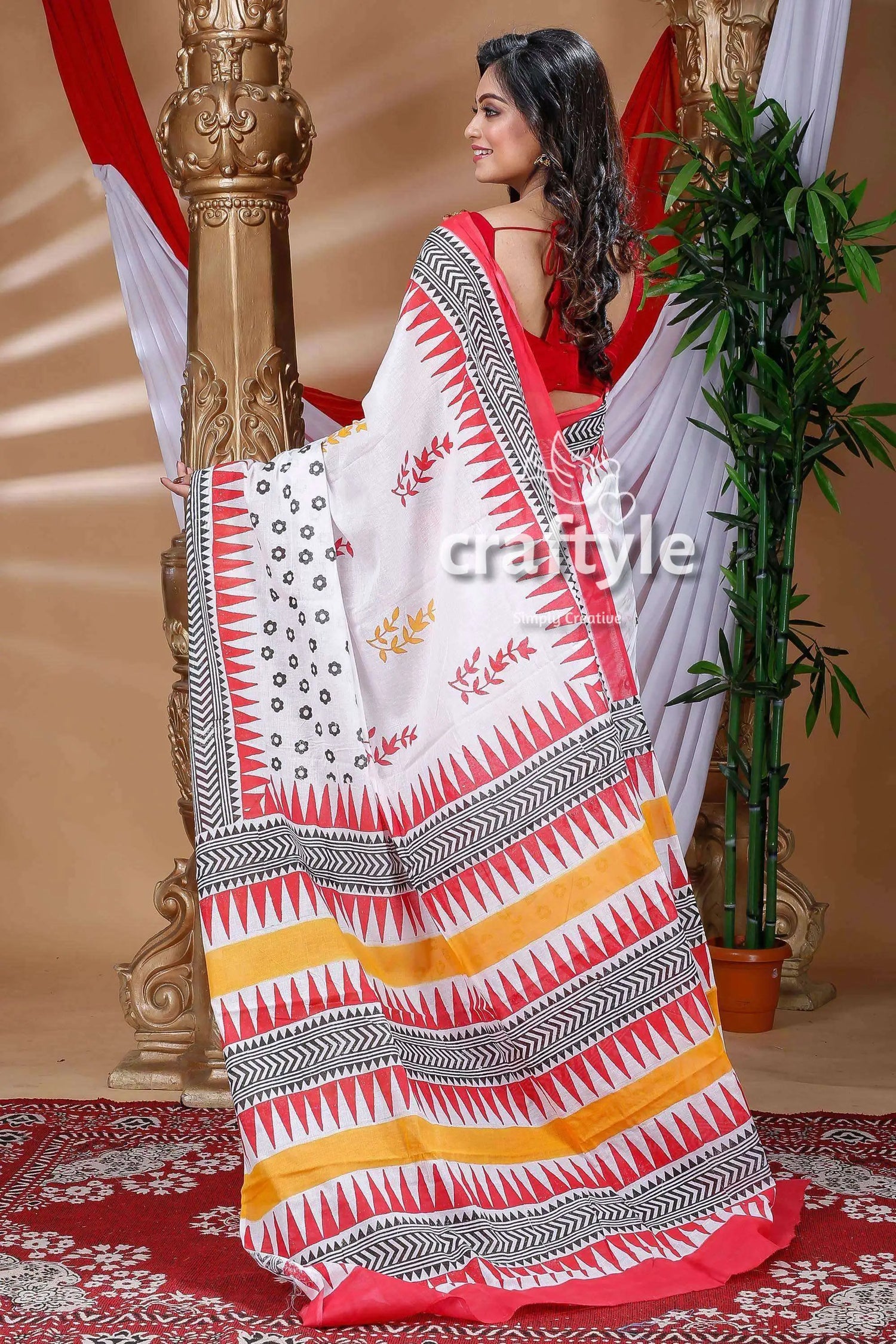 Floral design porcelain white hand block pure cotton saree white cotton saree colorful geometric 4
