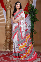 Floral design porcelain white hand block pure cotton saree white saree red black geometric 3