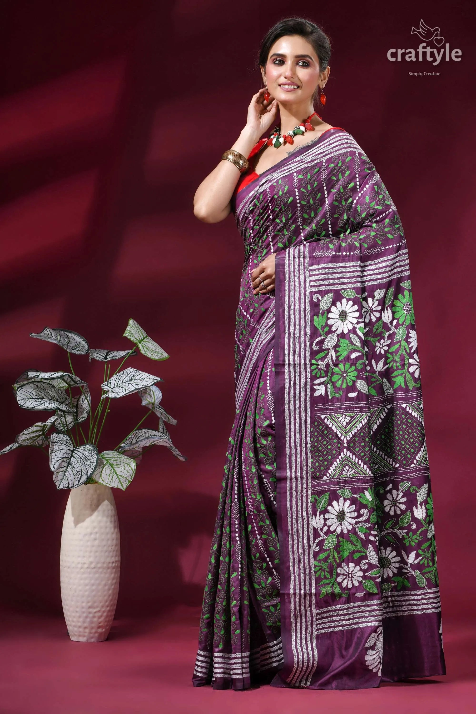 Floral design silk kantha embroidery saree in viola purple woman wears purple saree intricate 3