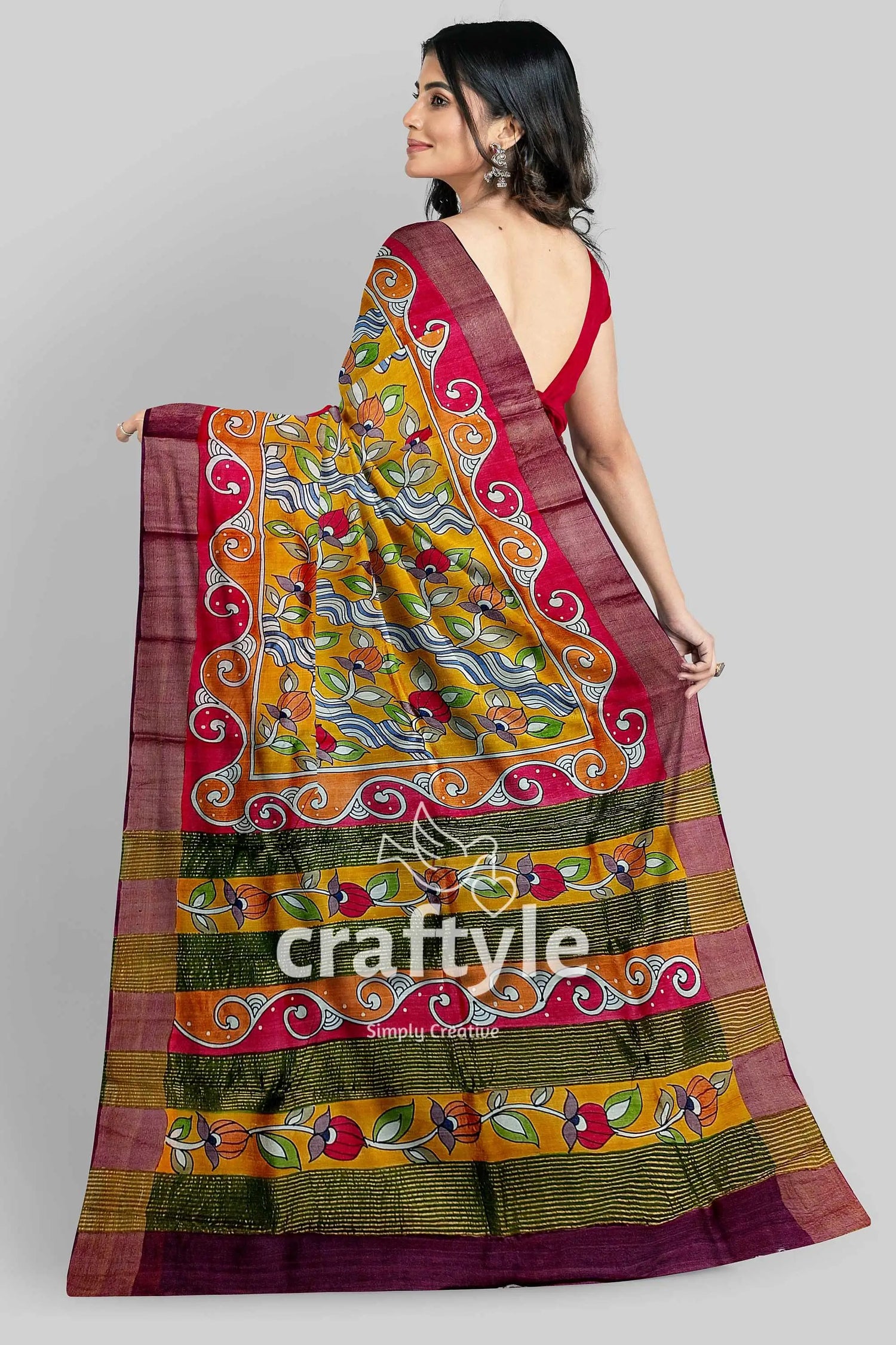 Floral hand painted zari border pure tussar kalamkari saree - indian ethnic wear colorful patterned saree 6