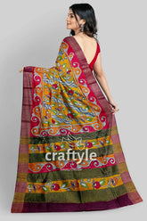 Floral hand painted zari border pure tussar kalamkari saree - indian ethnic wear colorful patterned saree 6