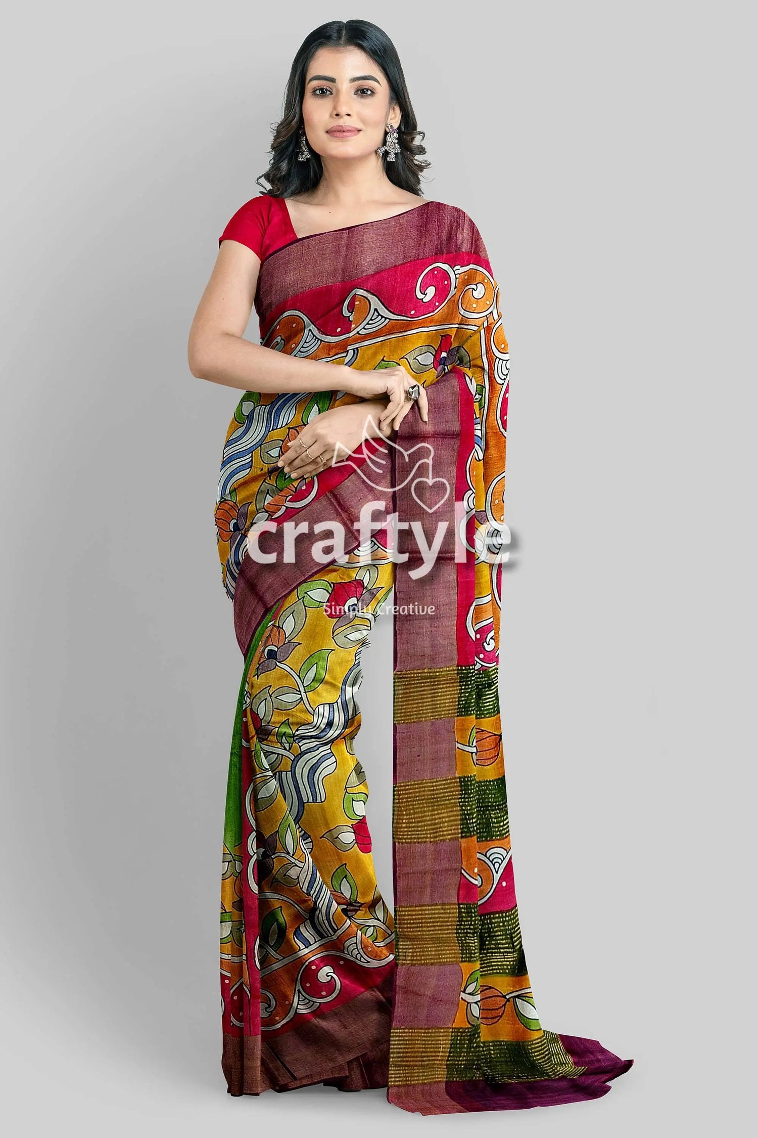 Floral hand painted zari border pure tussar kalamkari saree - indian ethnic wear woman colorful saree 1